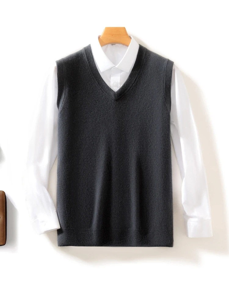 Spring  Autumn Men Sleeveless Pullover V-Neck Cashmere Sweater 100% Merino Wool Knitted Soft Casual knitwear Solid Color Tops