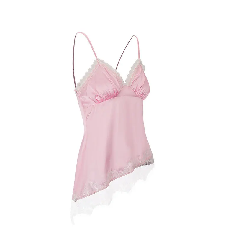 Women's Satin V-Neck Lace Trim1-Pc Sexy Mini Sexy Pink Top Summer New Thin Breathable Casual Wear Double Strap Polyester Blend