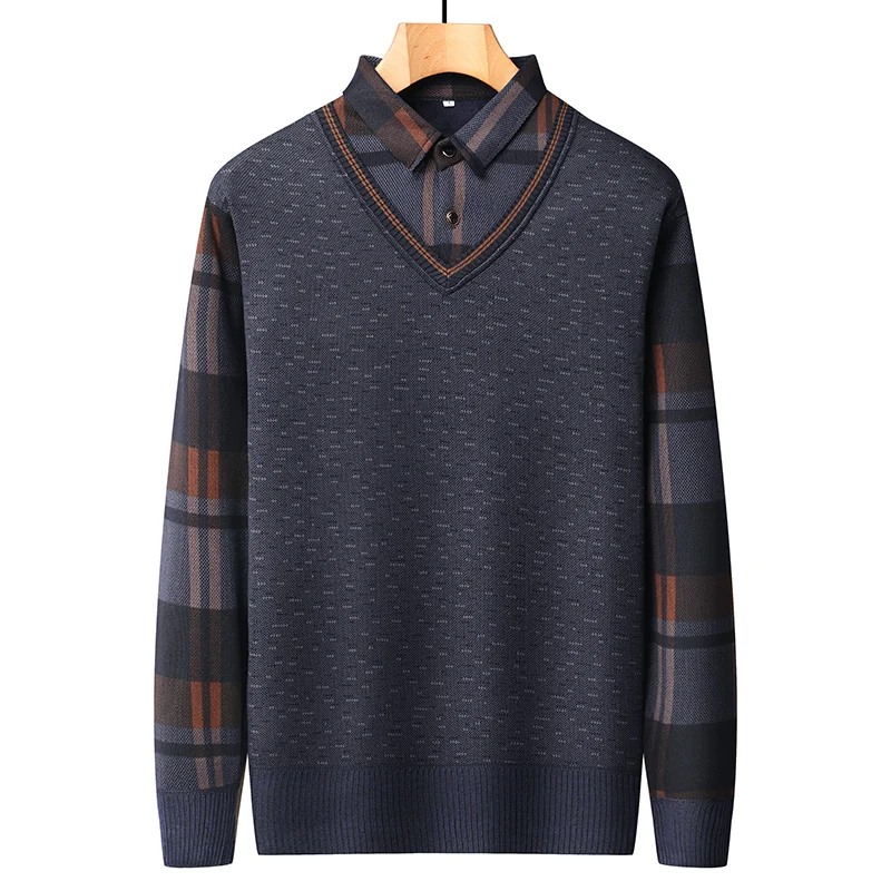 New Autumn Winter Sweaters Men\'s Velvet Pullover Knitted Bottom Shirts Men\'s Polo Pullover Wine Red Fleeced Knitwear