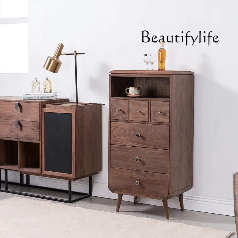 N Nordic Minimalism Black Walnut Solid Wood Storage Chest of Drawers Household Bedroom Simple Modern Storage Side Cabinet