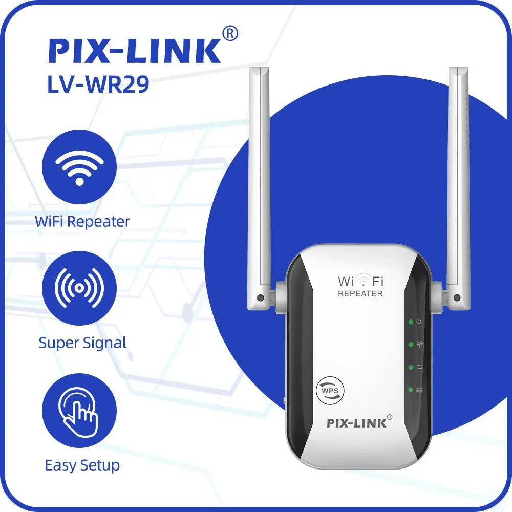 PIX-LINK LV-WR29 300Mbps WiFi Repeater 2.4G Signal Booster Amplifier، إشارة فائقة مع WPS، إعداد سهل، اختراق الجدار