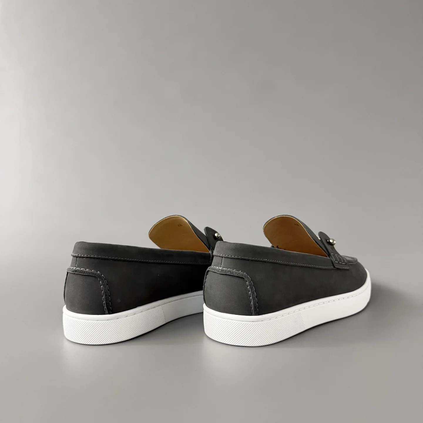 Luxury Men's Dark Gray Suede Sneakers Silver Button Comfort Red Bottom Casual White Sole Flat Daily Wear Shoes White Sole