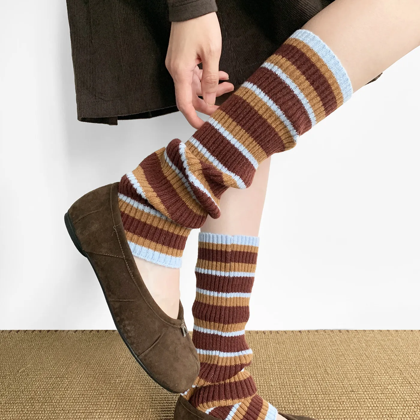 Autumn Color Block Striped Knit Calf Socks Ins Retro Muted Warm Tone Warm Slouch Socks Daily Outdoor Jk Yarn Leg Warmers
