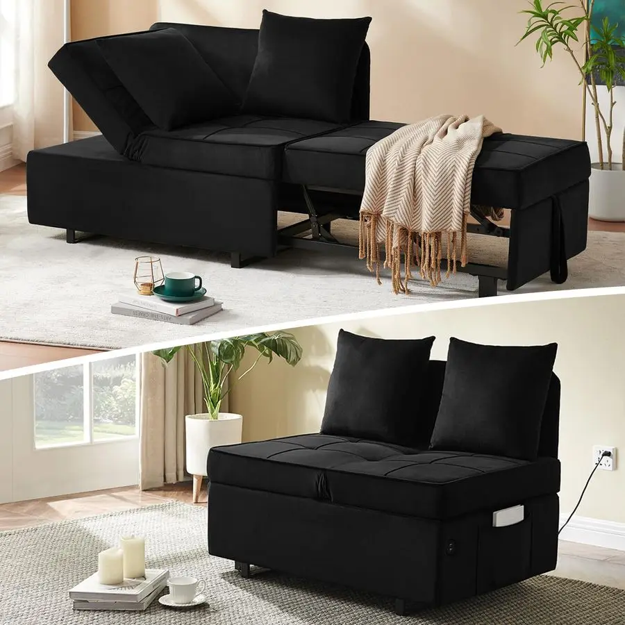 

Bed 4in1 Convertible pull out Couch, Velvet Love seat Couch Sleeper Chair Bed with 2 Throw Pillow, Single Recliner with 5 Adjust