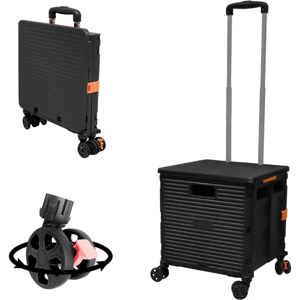 

Foldable Utility Cart Folding Portable Rolling Crate Handcart with Durable Heavy Duty Plastic Telescoping Handle