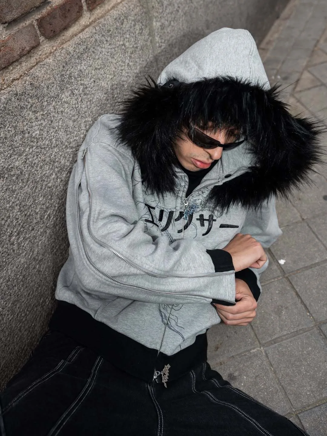 Fashion personality hooded sweater fur collar design in high street in autumn and winter Y2K Japanese printed pattern is unisex. - view 5