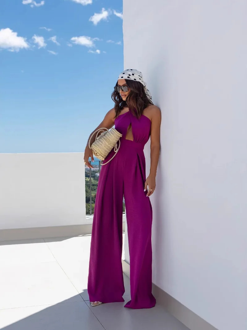 

Sexy oulder Bared Pure Color Sve Jumpsuit Women's Suit Waist Cinching Long Pants Commute Sle Summer Outfit