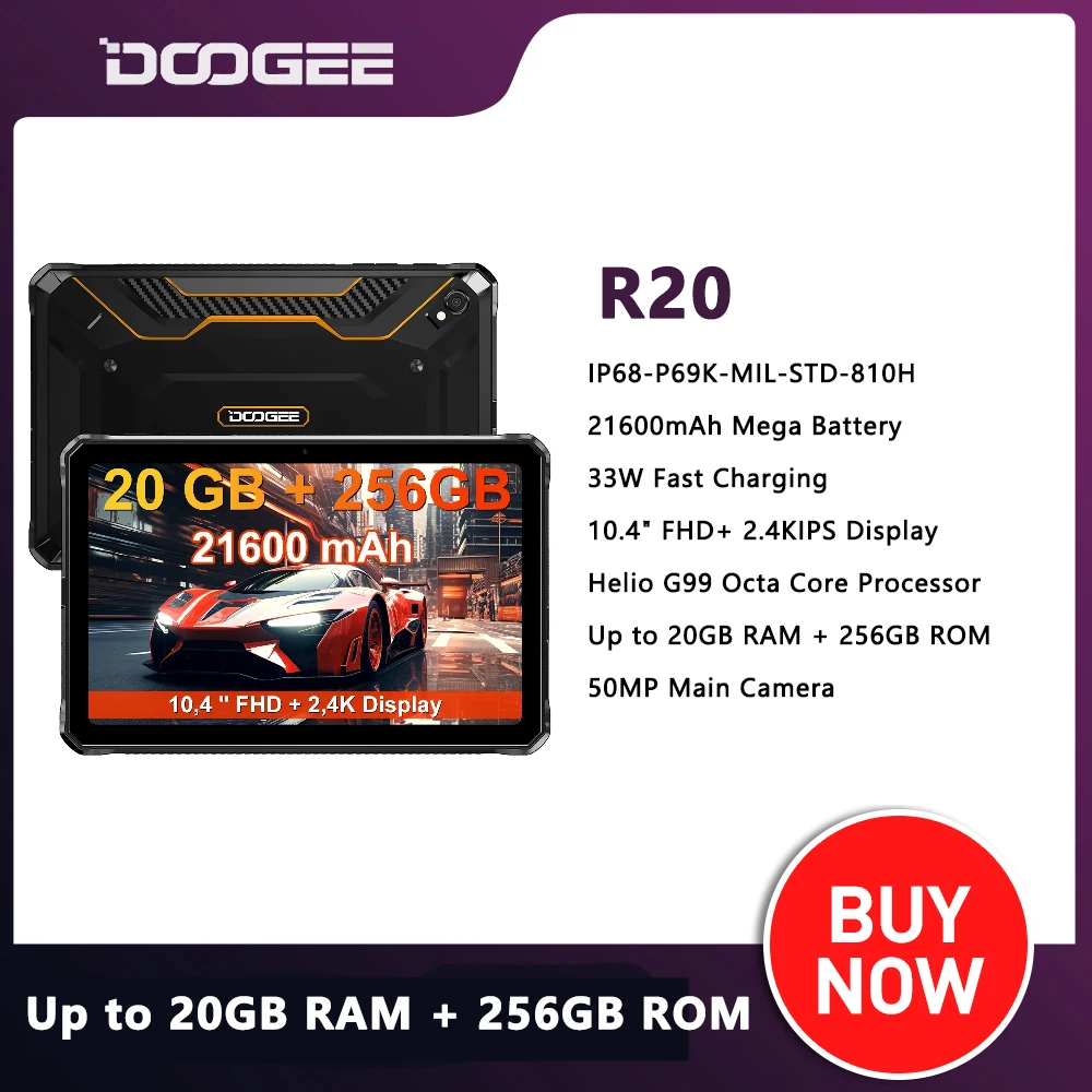 

DOOGEE R20 Rugged Tablet 10.4" 2.4K Display 21600mAh 20GB (8GB+12GB) 256GB Helio G99 Octa Core 50MP 33W Fast Charge Android 13