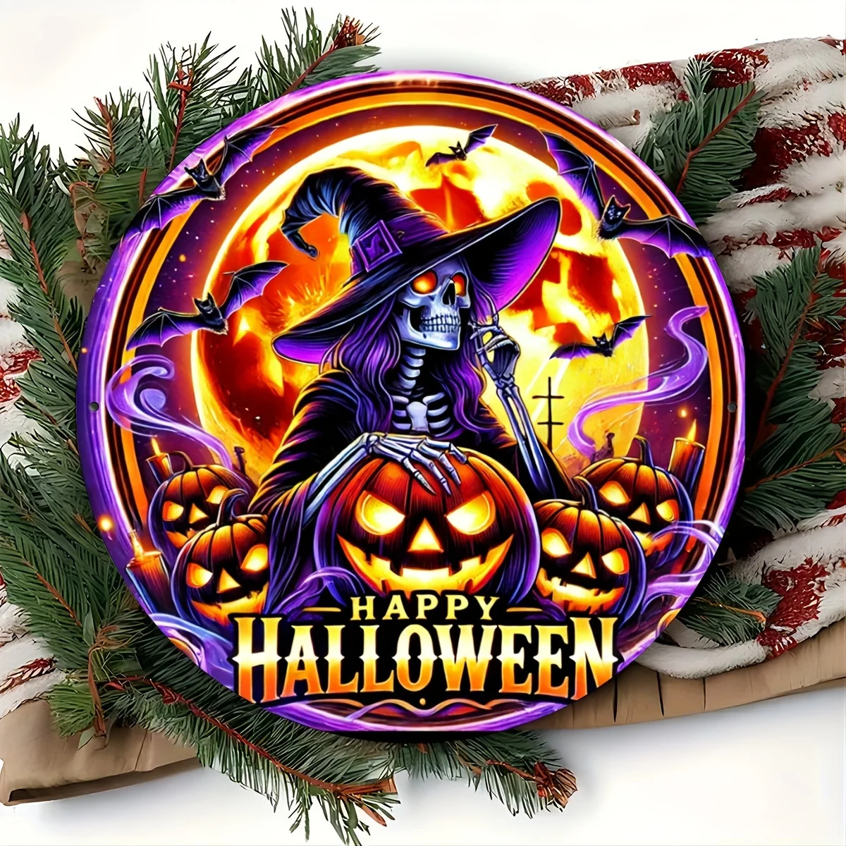 Halloween-Gothic-Hexe-Metallschild-Kunstset mit Fledermäusen, Kürbislichtern und Spukhaus – wind- und regenfest für den Innen- und Außenbereich