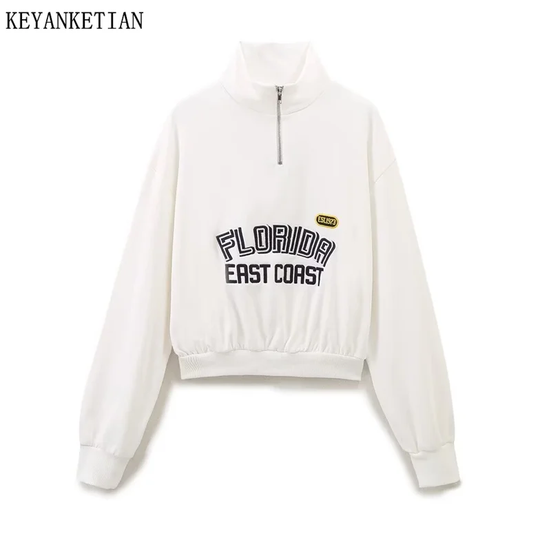 

KEYANKETIAN 2024 New Women's Letter Print Half Zip Stand-up collar Hoodie Autumn/Winter Leisure style Loose Pullover Sweatshirts