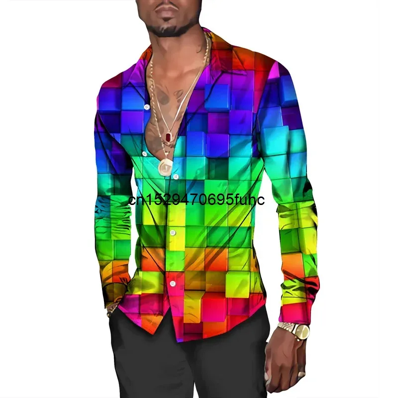 lili 123New Stylish Men Shirts Geometry 3D Print Lapel Single-Breasted Short/Long Sleeve Tops Hip Hop Fashion Hawaii Streetwear