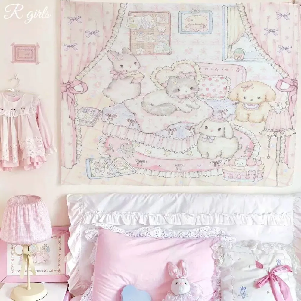 Pastel Pink Vintage Tapestry, Cute Rabbit Cat Puppy Bedroom Print Wall Hanging, Sweet Aesthetic Room Decor