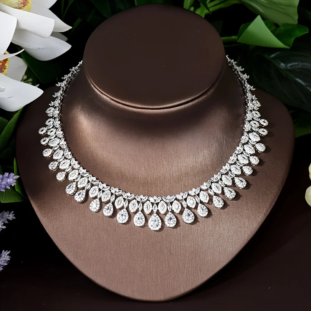 Nigéria branco ouro cor zircônia cúbica conjunto de jóias de casamento nupcial forma gota água 4 pçs colar brinco conjunto bijoux S-348