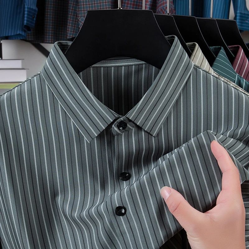 

Original Brand Men's Lapel Long Sleeve Shirt Spring Autumn New Solid Color Stripe Seamless Luxurious Business Casual Menswear