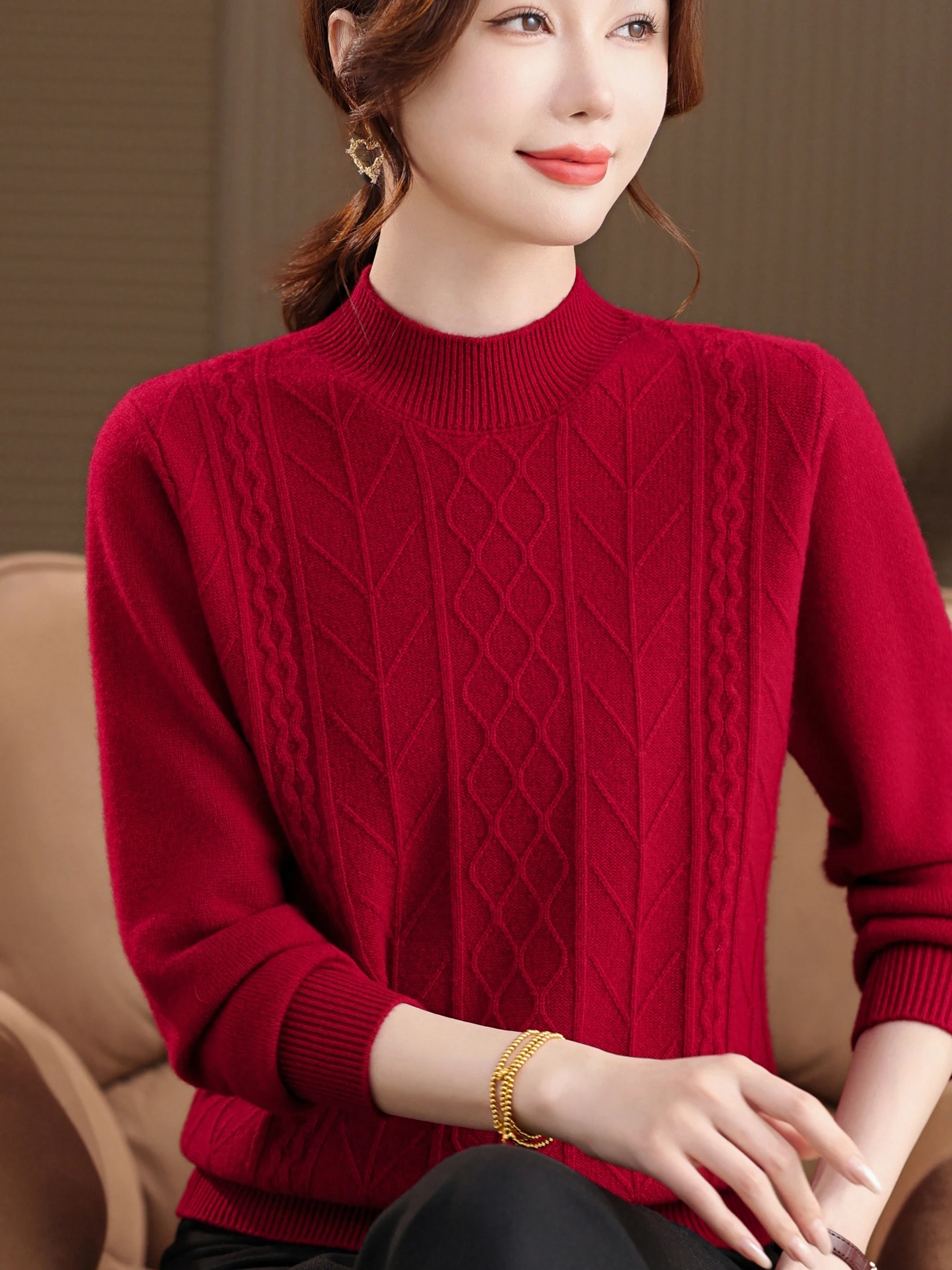 

Thiened f High Collar Twist Pure Wool Sweater Women's Autumn Winter Faion Warm Base irt Mommy's Sle Knitted Top