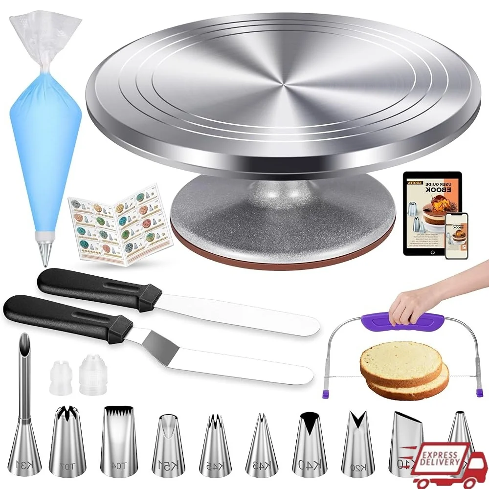 

51 Pcs Cake Decorating Kit 12 Inch Aluminum Alloy Turntable Icing Tips Spatulas Cake Leveler Pastry Bags Baking Tools