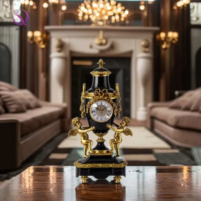 French European Exquisite Porcelain with Brass Angel Clock Living Room Fireplace Decoration Ornaments Retro Desktop