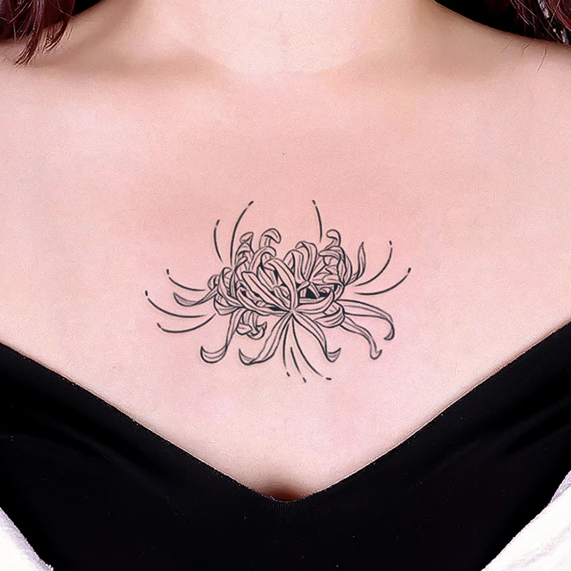 Tatuagens temporárias de Higanbana preto para mulheres, flor criativa, tatuagem de mão falsa, pescoço no peito, festa de verão, meninas, 1pc