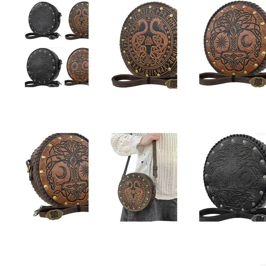 

Y3NE Средневековая боковая упаковка кожаные талию с кожаным ремнем винтажный тисненный средневековый ремень с мешком для женщин