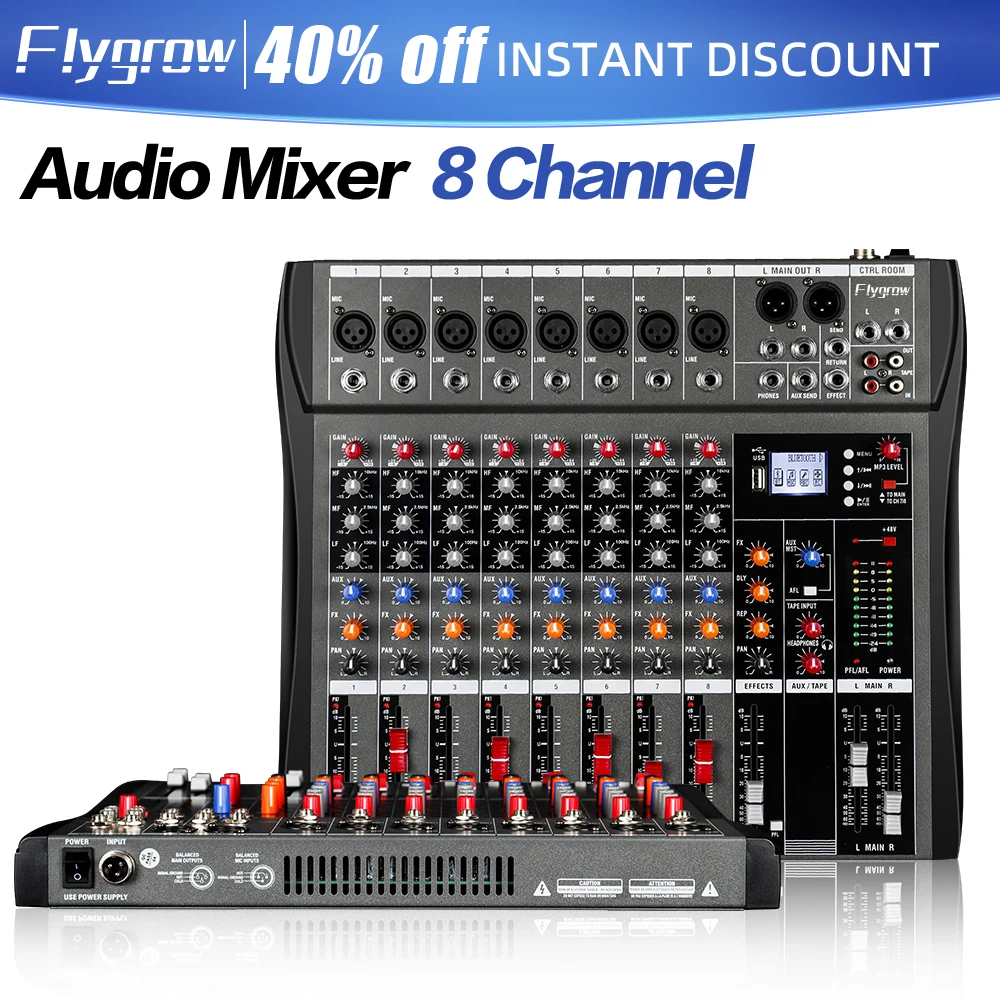 Flygrow CT80 Professional Audio Mixer 8-Channel Bluetooth USB  Effect 48V Recording Conference Stage Party Sound Mixer Consoel