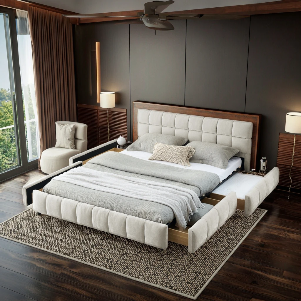 Modern queen tufted headboard platform bed frame with wooden storage drawers
