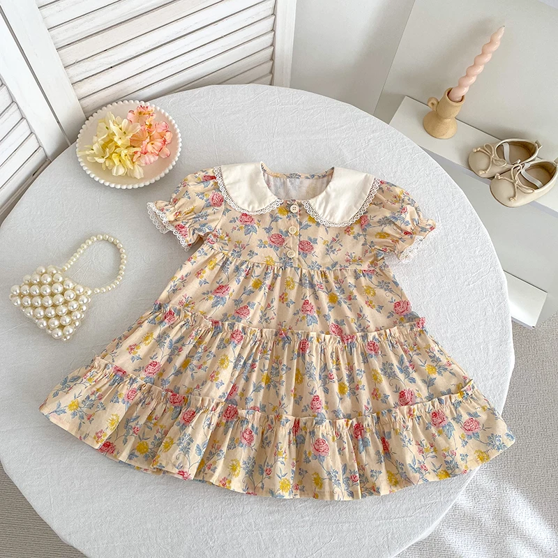 2026 New Girls Children Dress Summer 2-6Yrs Bubble Short Sleeve Dress Floral Print Ruffled Collar Cotton Sweet Dress