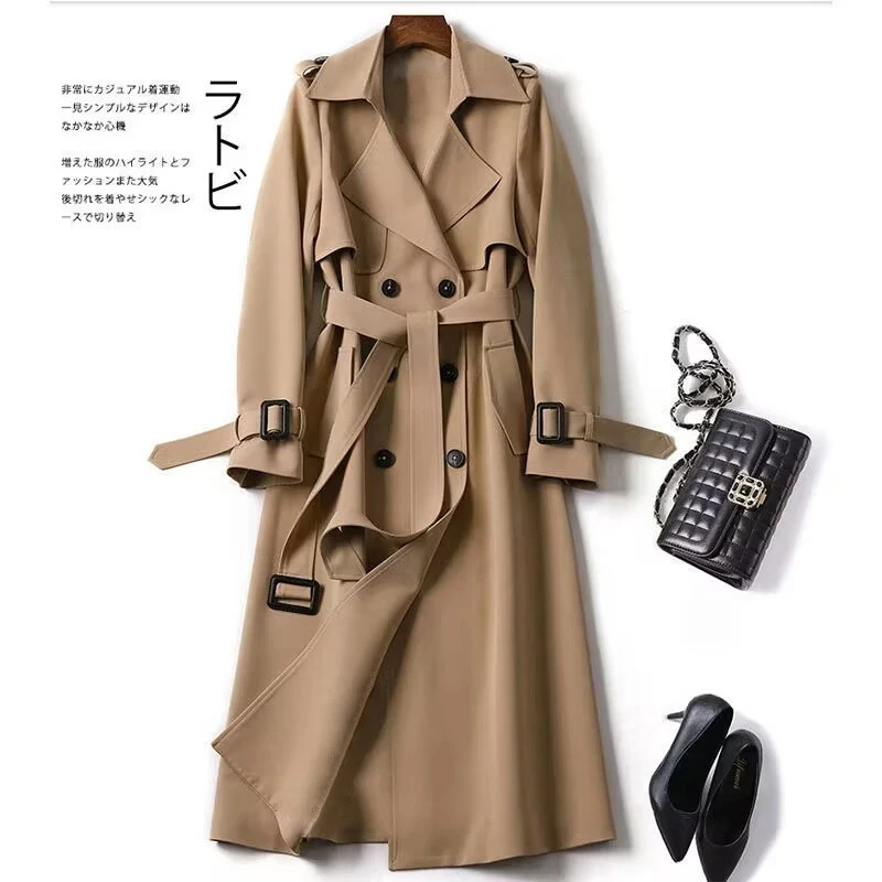 Korean Women's Trench Coat Elegant Khaki Windbreaker Coat ladies Lace Up Waist Streetwear Loose Double Breasted long coat women