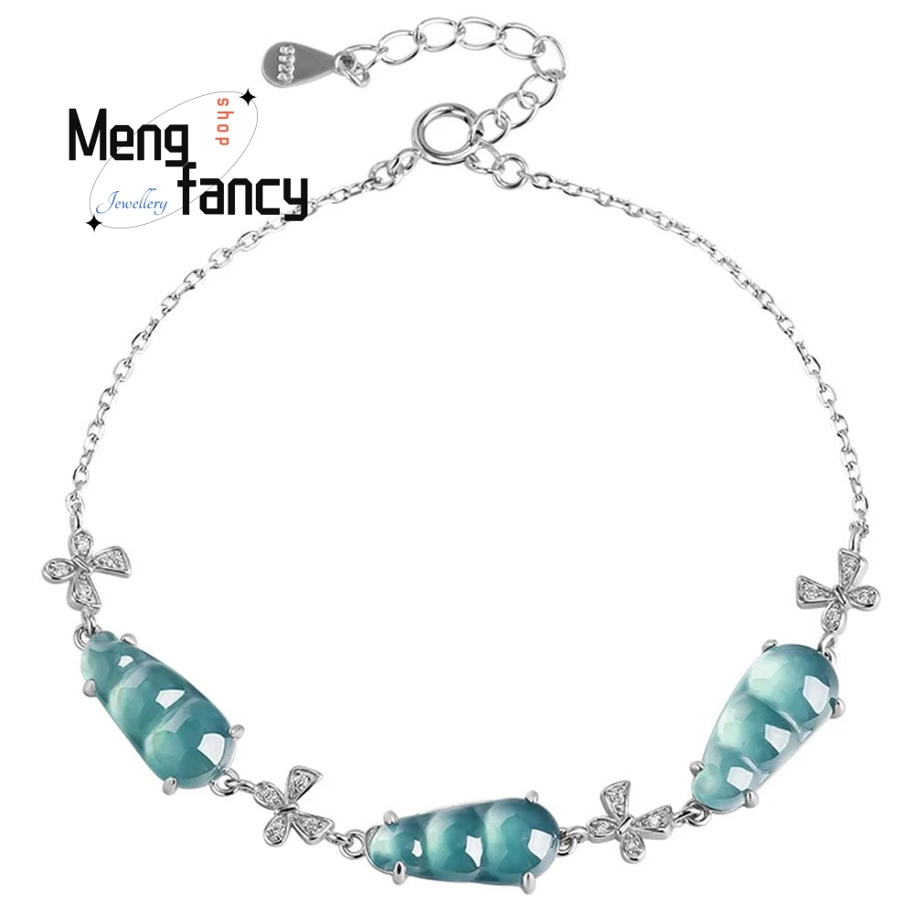 Natural A-goods Jadeite Blue Water Blessed Beans S925 Silver Inlaid Bracelet Ice Jade Exquisite Elegant High-grade Holiday Gifts