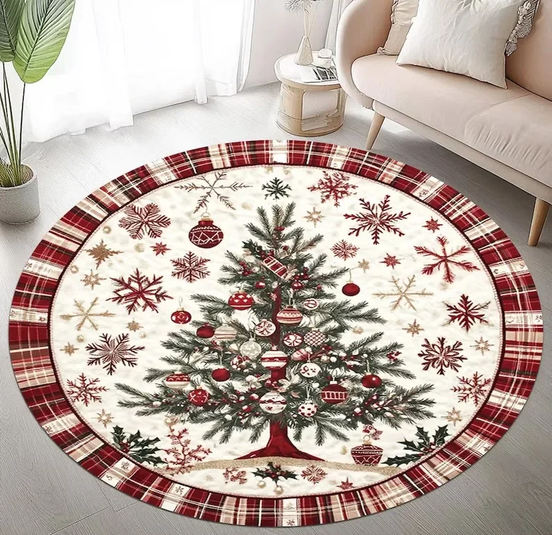 Festive Snowflake & Christmas Tree Round Rug – Cozy Holiday Floor Mat for Living Room, Bedroom or Bedside