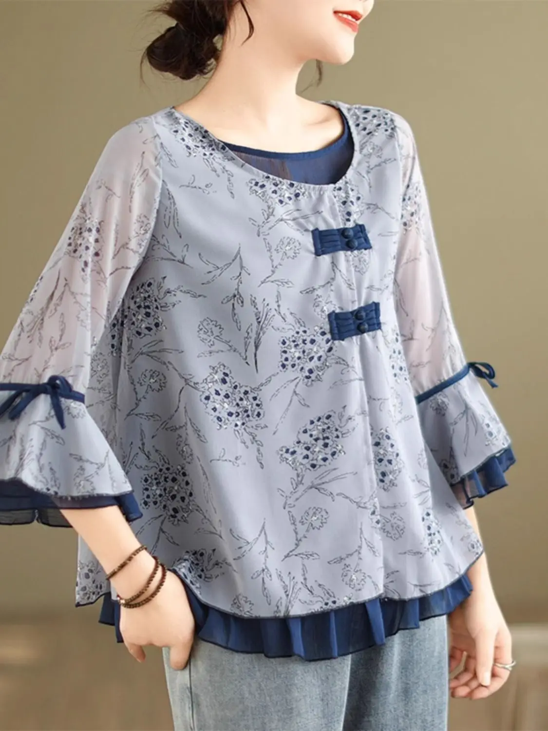 花柄シフォンブラウス女性フリルフレア Seelve レトロルーズトップスオフィスレディカジュアルウェアシャツ特大