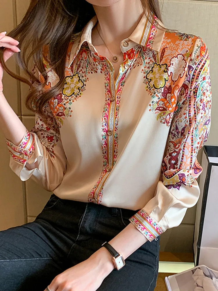 #3106 Long Sleeve Shirts Women Vintage Floral Printed Satin Shirt Ladies Slim Fit Office Womens Shirts Turn-down Collar