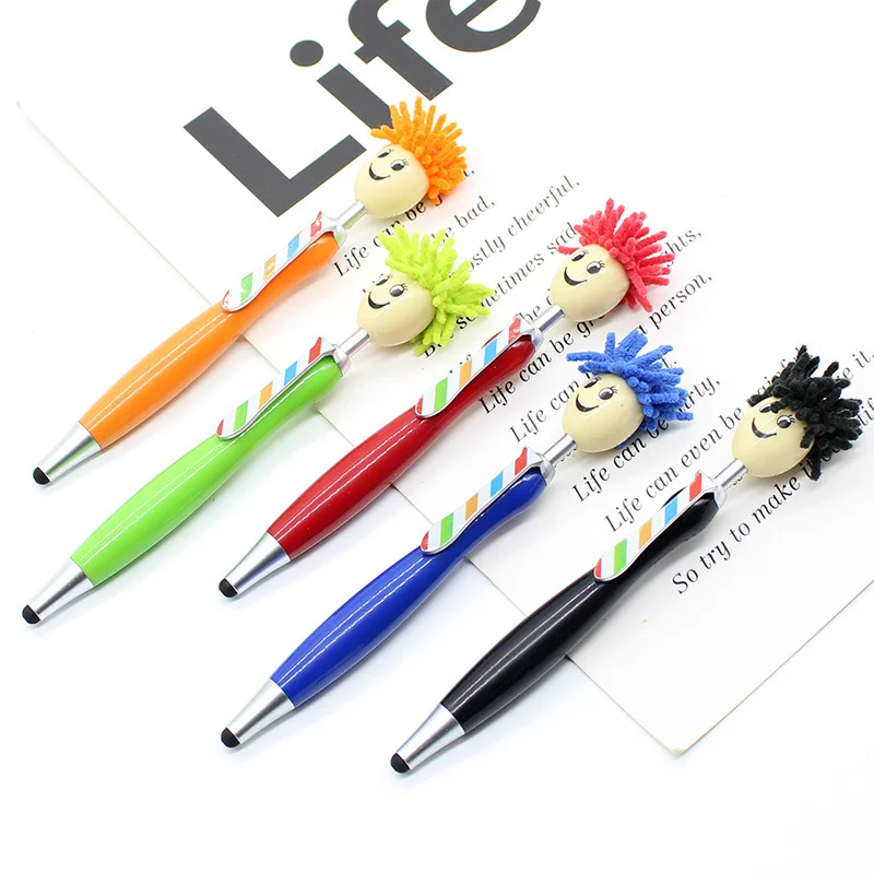 30PCS  Creative Stationery Cartoon Doll Head Advertising Gift Pen Plush Smiling Face Capacitor Touch Screen Ballpoint Pen