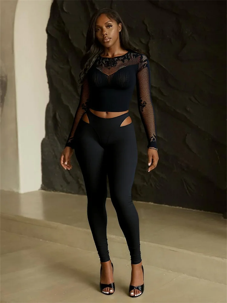 Nibber-Tops cortos huecos para mujer, retales ajustados, Sexy, manga larga, cuello redondo, alta elasticidad, moda de medianoche, ropa de calle Coquett