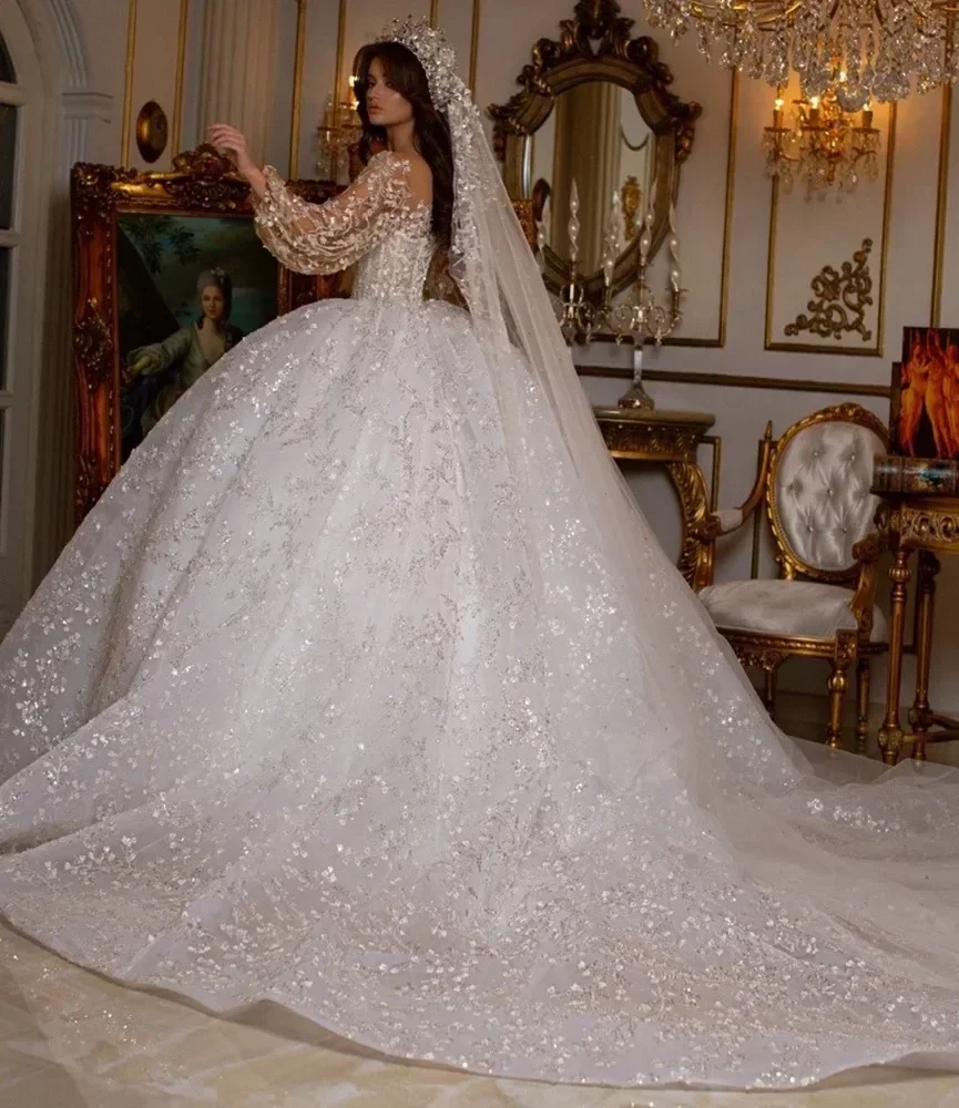 Customized  Luxury Ball Gown Royal Wedding Dresses Sweetheart Long Puff Sleeve Vestido De Novia Lace Sequined  Made Bridal Gown