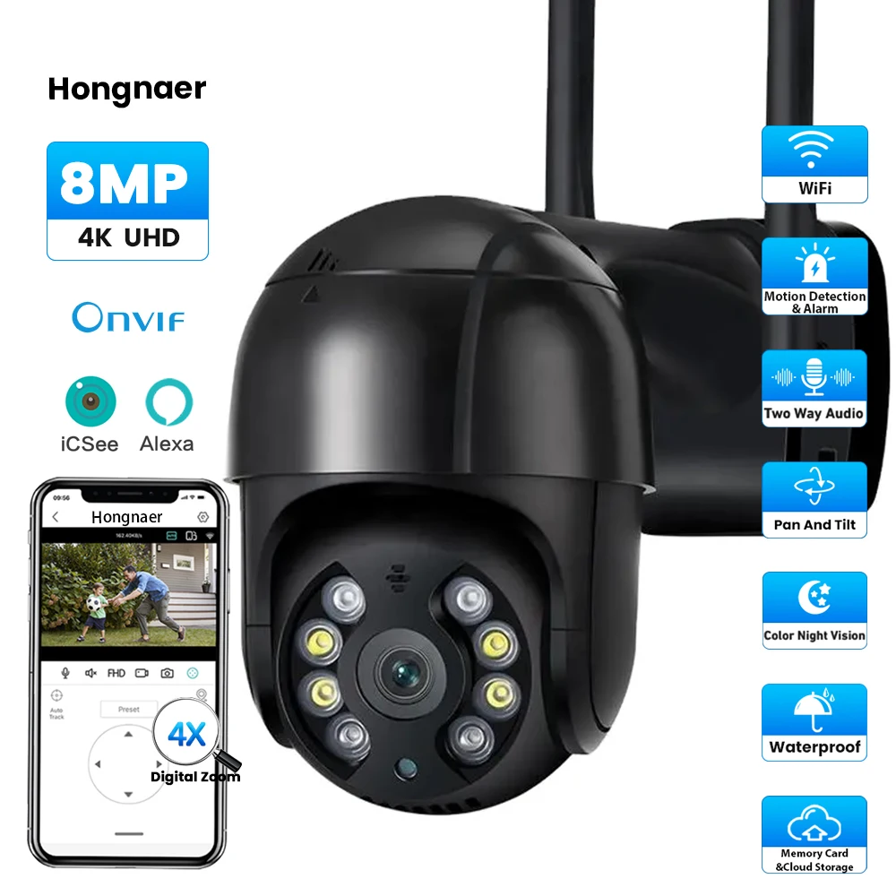 

Hongnaer 4MP 8MP 4K Night Vision Wireless WiFi Network IP PTZ ICSee CCTV Outdoor Monitor Security Camera