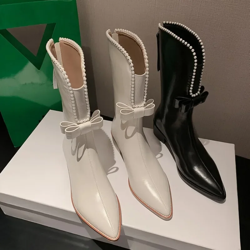 

2024 Beige Genuine Leather Women Western Boots Pointed Toe Pearl Bowknot Mid Calf Botas Black Autumn Riding Botines Femininos