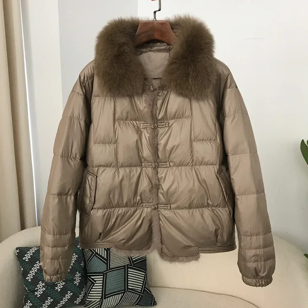 

MENINA Autumn Winter Thickened Warm Down Jacket Women's Korean Style Coat 90% White Duck Down Retro Buckle Stitching Mink Hair