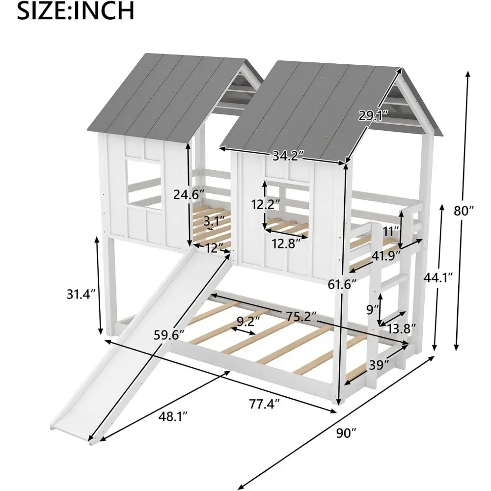 Bunk Bed Twin Over Twin,Twin Bunk Beds with Slide and 3 Steps Ladder,Wood House Bunk Bed, Low Beds Twin Over Twin for Girls