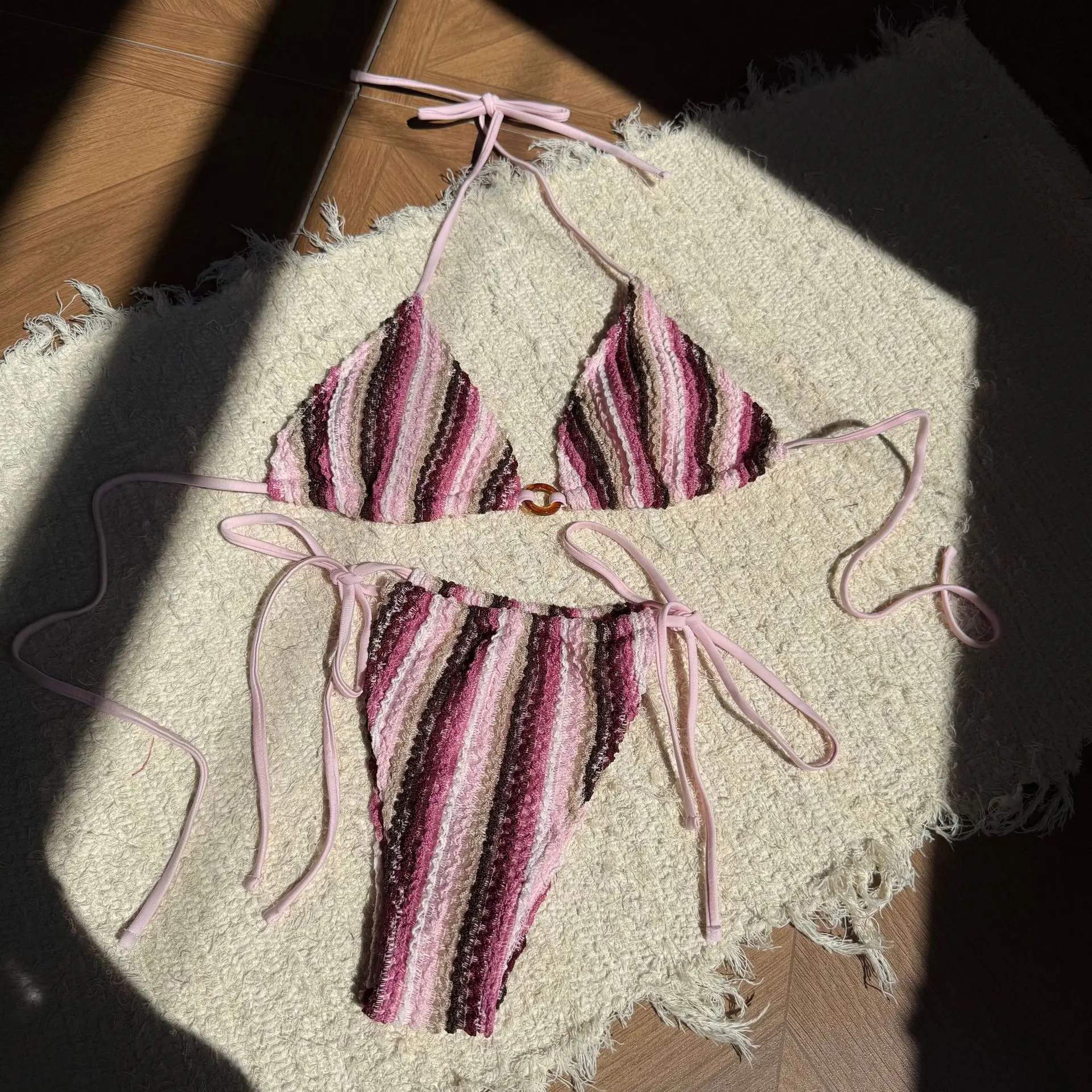 2025 ใหม่สีบล็อก jacquard ชุดว่ายน้ําสตรีสายรัดชายหาดบิกินี่ชุดว่ายน้ํา