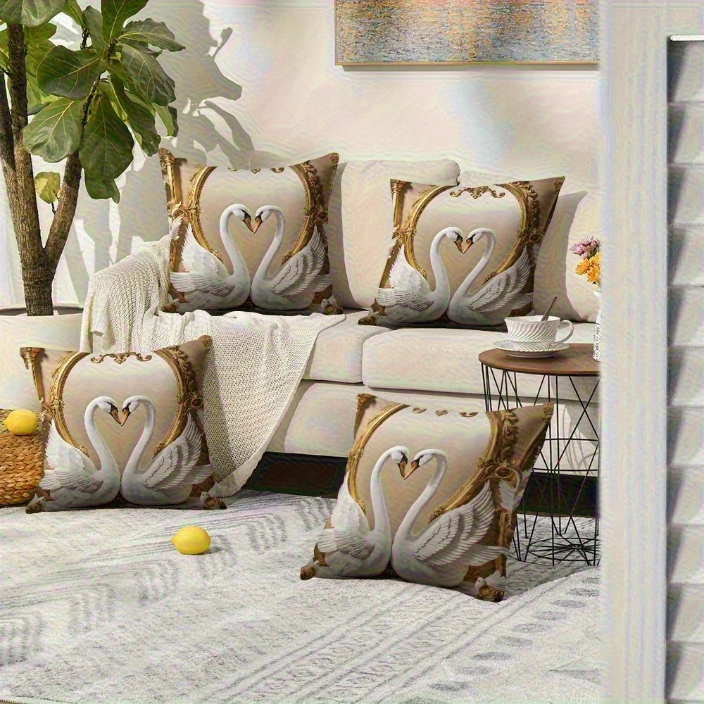 4pcs Swan Gold Frame Pillow Covers, Living Room Sofa Decorative Pillows,  Single-sided Print, Insert Not Included