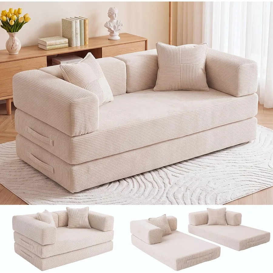 5-in-1 Folding Convertible Boneless Sofa with Pull Out Bed, Corduroy Modular Floor Couch with Fixed-Shape Frame, No Assembly Re