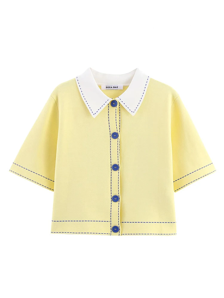 HH Women New Fashion Single Breasted POLO Shirt With Thread Lapel Short Sleeve Knit Coat Female Elegant Slim Fit Casual Top