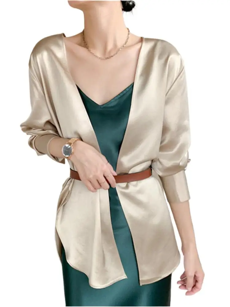 

Ice Silk Cardigan Women Korean Style Long Sleeve Acetic acid satin cardigan Tops Spring and Autumn Elegant Coat plus size 6XL