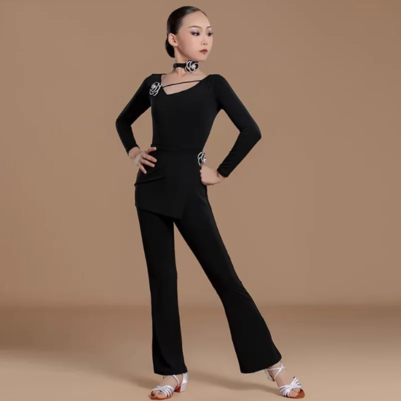 

Latin Dance Costume for Girls Kids Cotton Long Sleeve Practice Latin Top and Pants Modern Competition Performance Regulations
