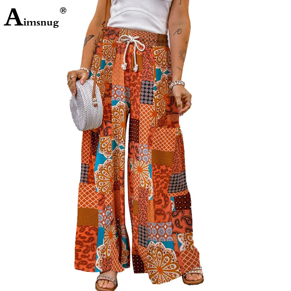 Aimsnug Large Big Women Casual Wide Leg Pants 2023 Summer Boho Pants High Waist 3D Print Trouser Womens Outdoor Haren Pantalon