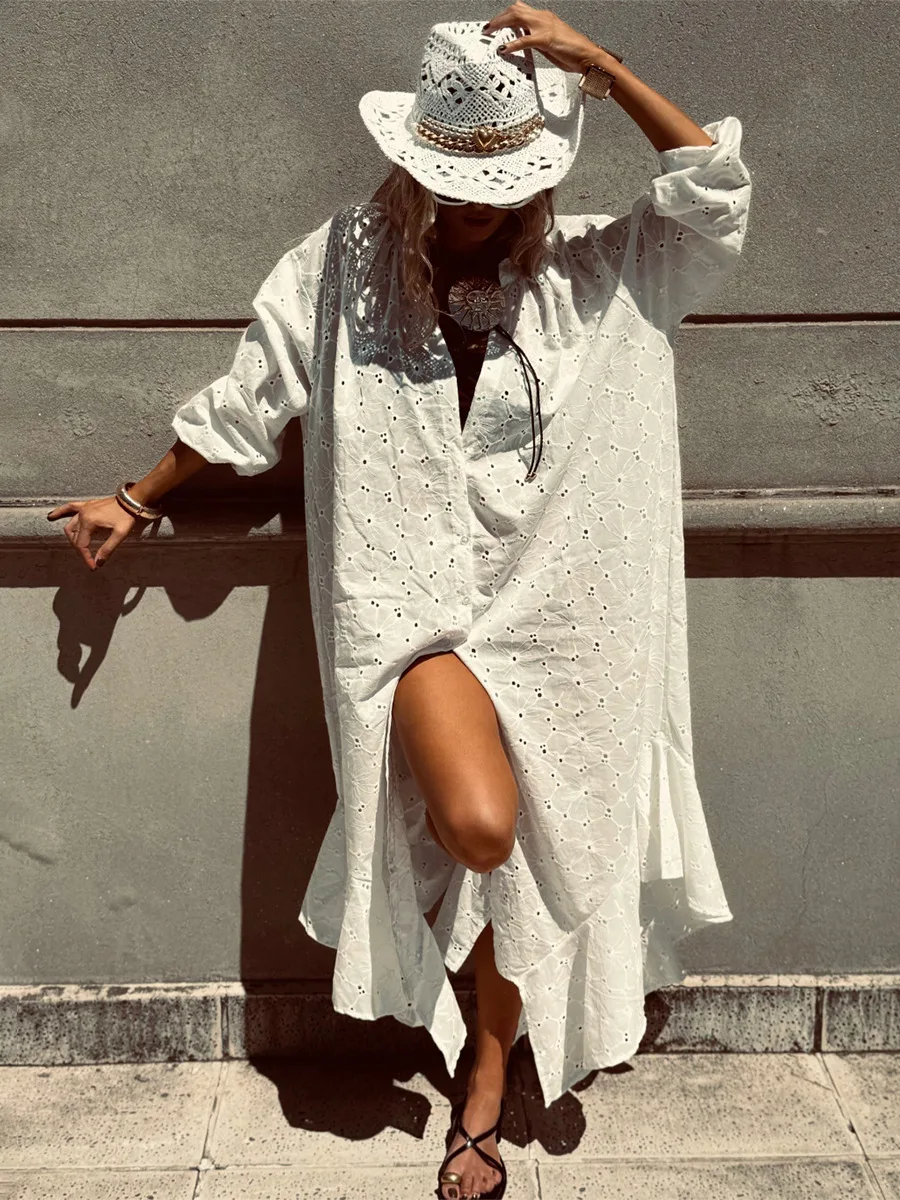 

Summer 2026 Lazy Loose Single-Breasted Ruffle Edge Hollow Embroidery Dress Women's Casual Fashion Outerwear