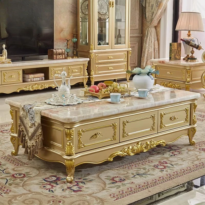 

European marble coffee table TV cabinet combination living room solid wood simple French small apartment champagne gold tea