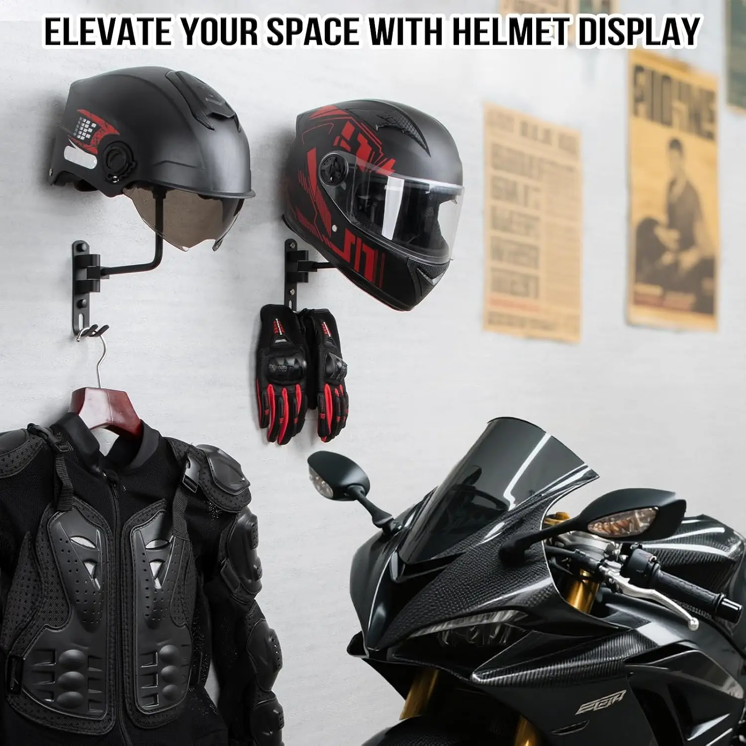180° Rotating Wall Mount Motorcycle Helmet Holder with Hooks for Bike Moto Hats Jackets Keys Garage Storage Rack view 2