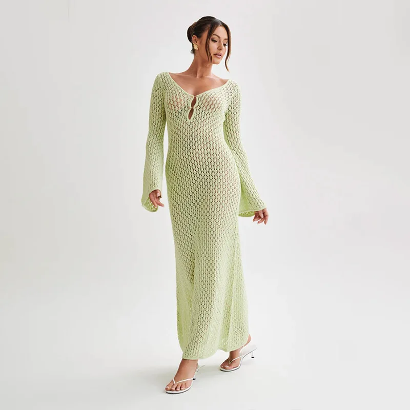 Sexy Long Crochet  Knitted Deep V-Neck Hollow-Out Knit Beach Dress for Women 2024 Cover Up Beach Dresses Woman