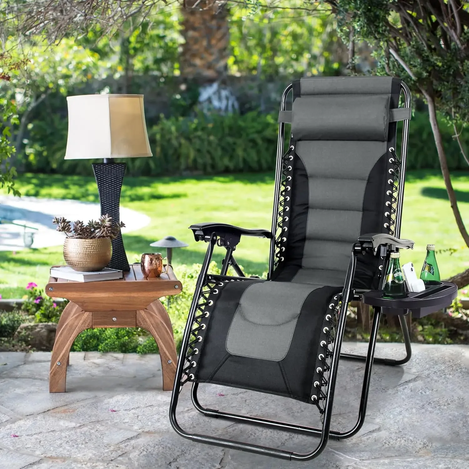 Padded Zero Gravity Lawn Chair Foldable Patio Recliner Anti Gravity Lounge Chair w/Pillow & Cup Holder Outdoor Camp Chair for Po